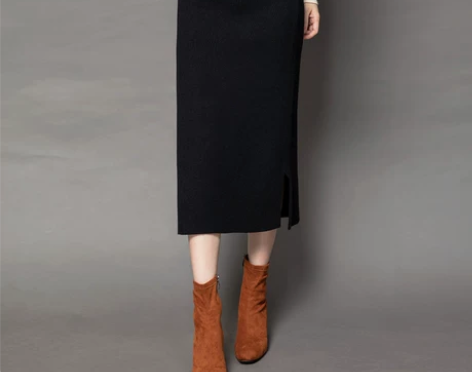 2017秋冬新款铅笔裙纯色中长裙一步开叉修...