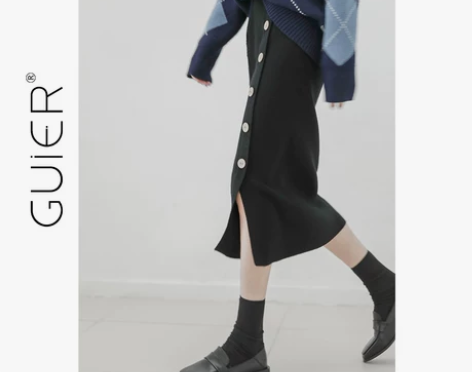 港味针织半身裙2020秋冬新款纽扣开叉针织...