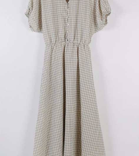 文艺风米色格子连衣裙M码女韩范儿V领收腰显...