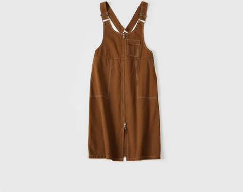 步履不停撞色线工装风口袋中长背带裙 秋季日...