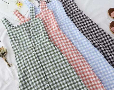 学院风小清新格子高腰连衣裙女2019夏装单...