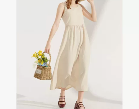 以纯，无袖连衣裙，后背绑带设计可寄蝴蝶结，...