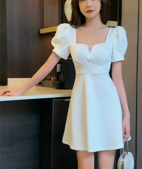 夜店连衣裙性感工作服显瘦方领泡泡袖a字短裙...