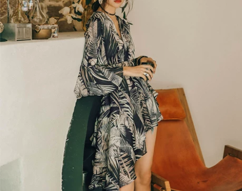 弥古雪纺波西米亚不规则裙子小众设计感连衣裙...