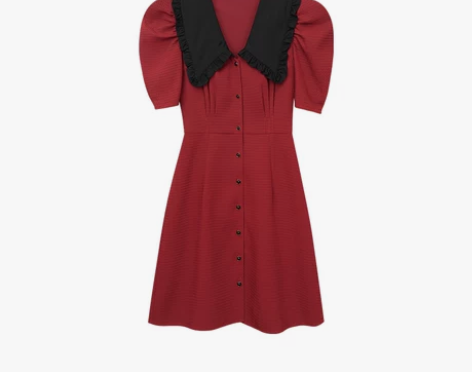 许大晴 港风红色连衣裙泡泡袖小个子撞色v领...