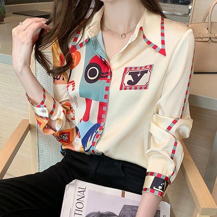 印花缎面衬衫女长袖秋季新款高端洋气印花雪纺...