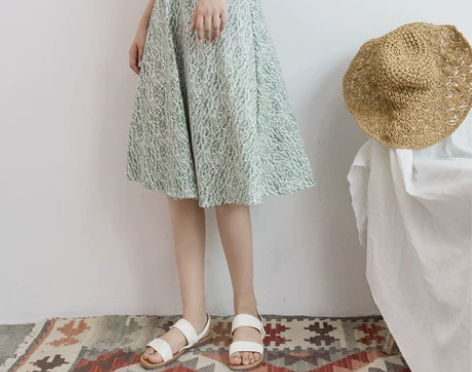 清新甜美百搭高腰叶子印花中裙伞裙半身裙韩国...