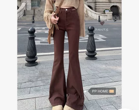 高腰牛仔裤女春秋显瘦咖色微喇叭裤设计感20...