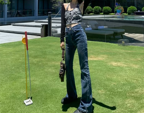 韩版ins复古高腰微喇牛仔裤女九分弹力辣妹...