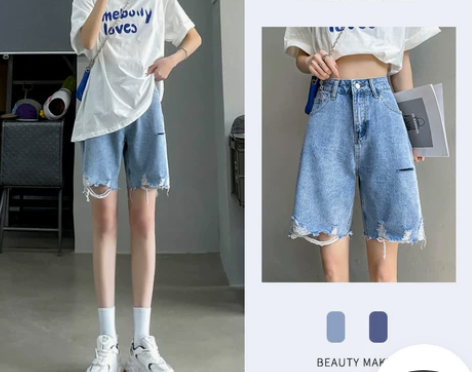 破洞五分牛仔短裤女 夏季薄款2022年新款...