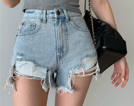 ?破洞牛仔短裤女 2022夏季新款高腰显瘦...