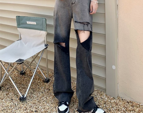 渐变色破洞牛仔裤女春季2022新款高腰直筒...