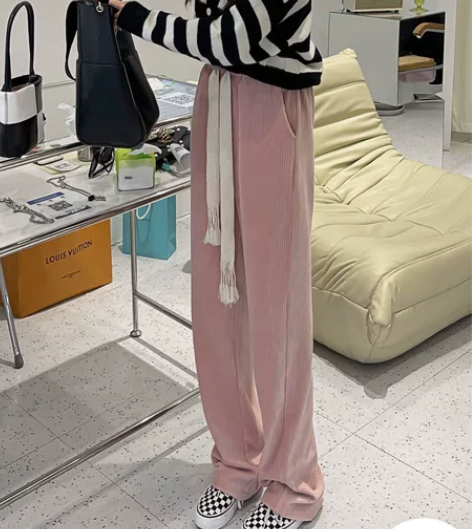 坑条纹纯色粉色高腰抽绳休闲裤 感兴趣的话点...
