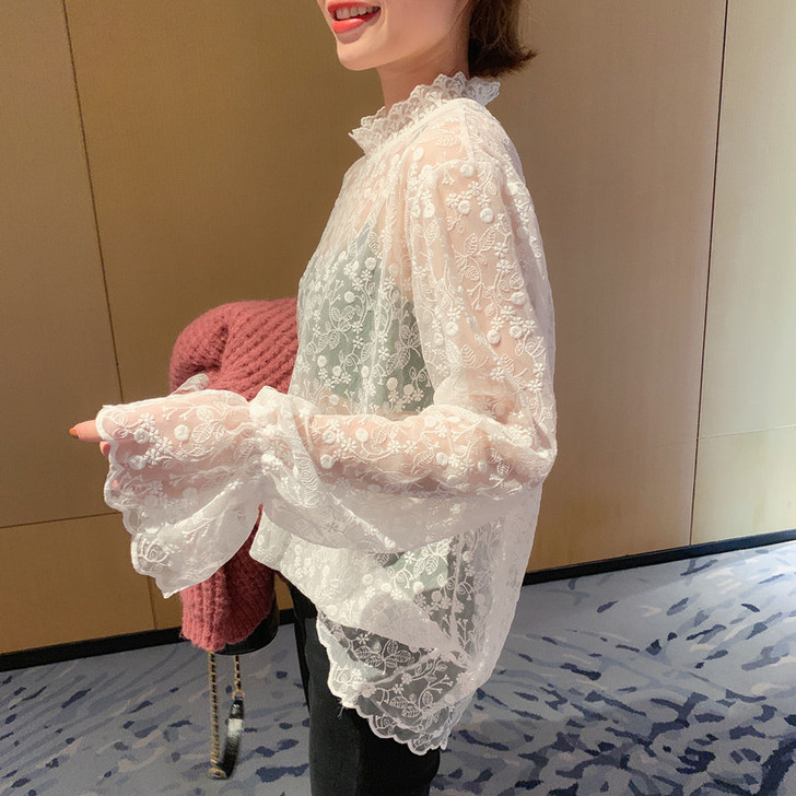 Q蕾丝衫女2021秋季新款韩版网纱内搭花边...