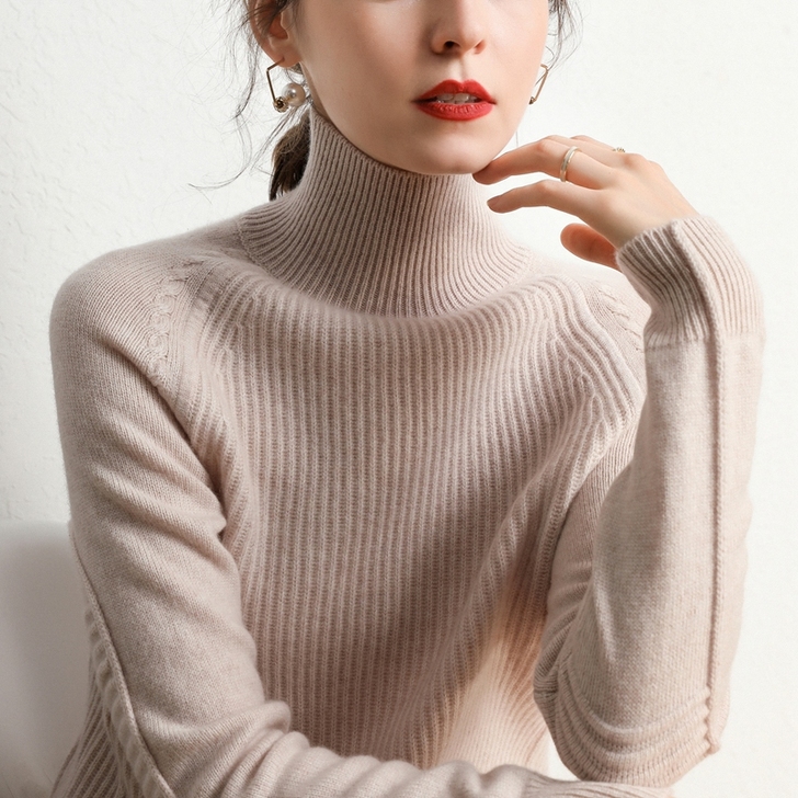 高端双股加厚半高领羊绒衫女100纯山羊绒毛...