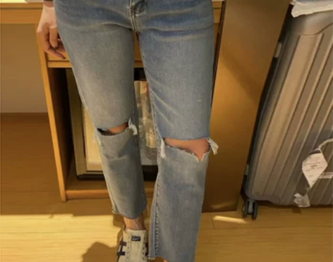 韩版夏季小众破洞复古水洗微弹高腰九分牛仔裤...