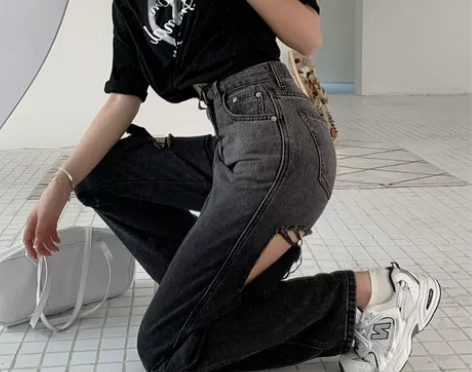 黑色破洞牛仔裤女夏季薄款高腰直筒宽松显瘦大...