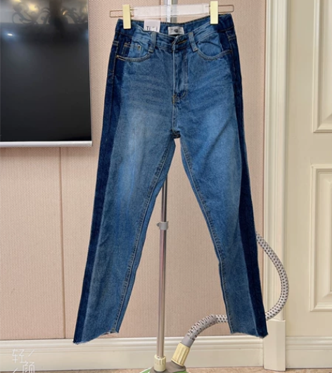 拼接色不规则女式休闲修身小直筒铅笔裤牛仔裤...