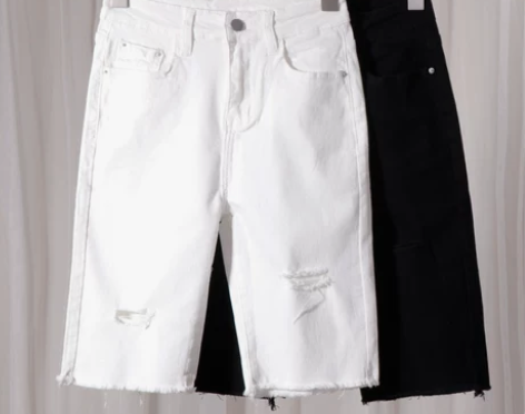 大码破洞五分裤紧身骑行牛仔裤女夏短裤直筒港...