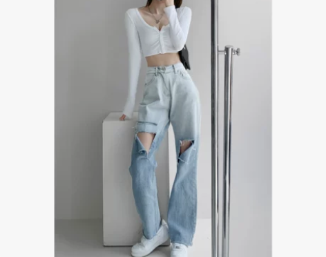 欧美渐变色膝盖破洞牛仔裤女高腰宽松垂感乞丐...