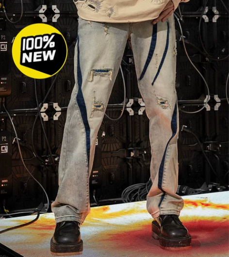 新因素黄泥牛仔裤 做旧水洗撞色分割高街破洞...