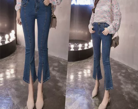 韩国开叉喇叭裤牛仔裤女休闲夏季裤子显瘦高腰...