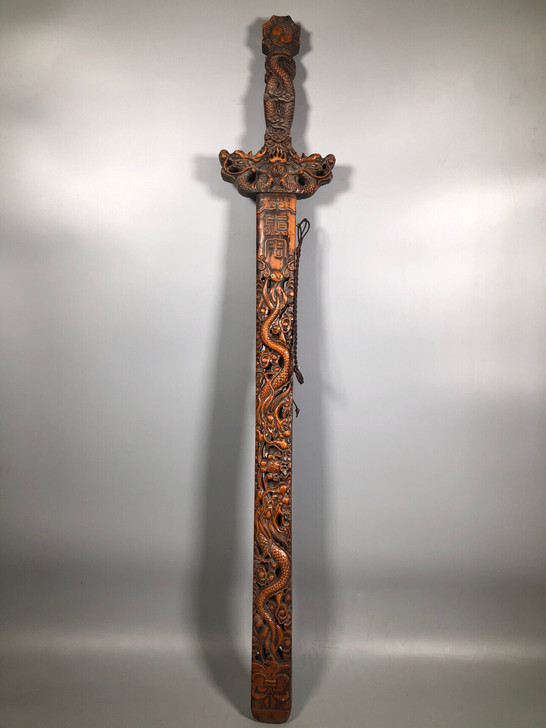 桃木镂空雕刻双龙戏珠镇宅宝剑，长120厘米...
