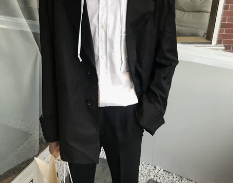 ?秋装新款纯色毛边宽松黑休闲西装上衣男 G...