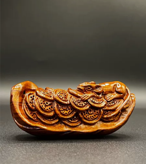 小叶黄花梨精雕鼠钱（数钱）手把件木雕钱鼠把...