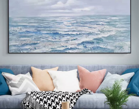 轻奢手绘油画浪涛大海定制灰玄关客厅背景墙