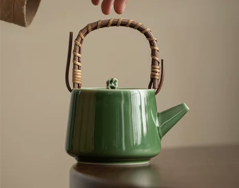 青璃釉枯石提梁壶 日式家用冰灰小号陶瓷茶壶...