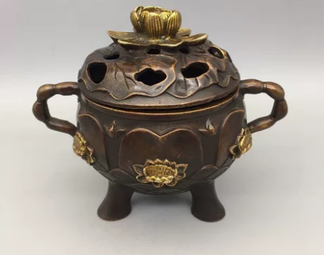 古玩铜器收藏仿古黄铜鎏金三足双耳莲花熏香炉...