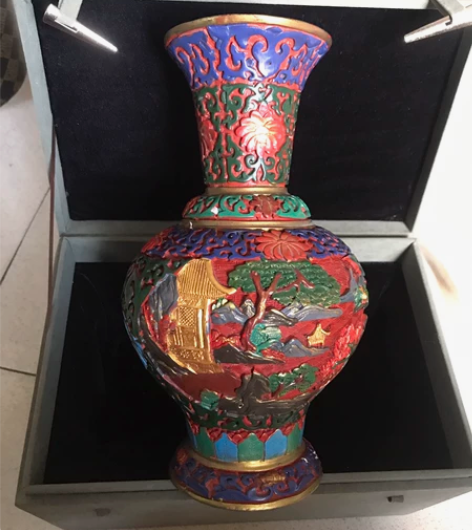 重工工艺漆器花瓶，也太美了～纯手工雕刻鎏金...