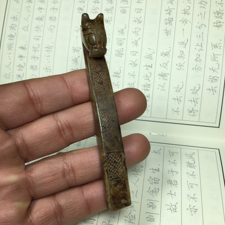 古玩杂项高古老玉兽猫头毛笔笔架摆件古玩小物...