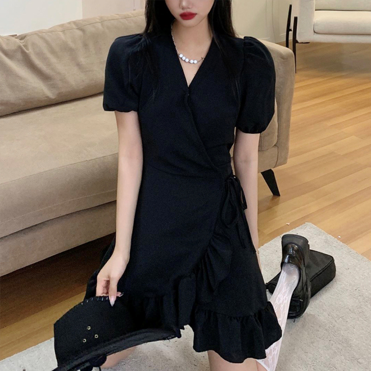 大码女装法式a字连衣裙女夏季气质小黑裙胖m...