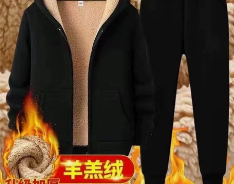 冬季加绒加厚羊羔绒休闲运动服两件套装男士保...