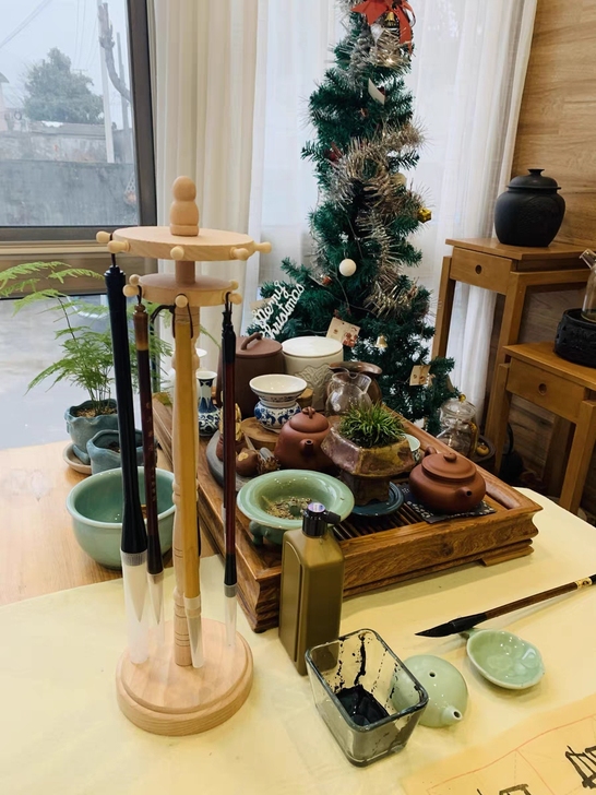 水彩笔架14针双层可旋转圆盘实木毛笔挂笔架...