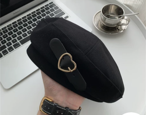 爱心来袭~黑色甜酷毛呢贝雷帽女韩系秋冬新款...