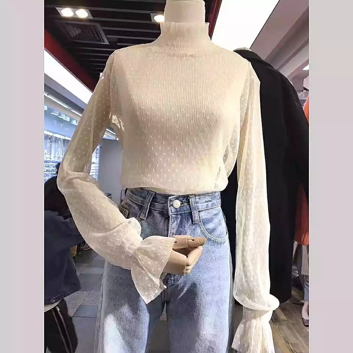 打底神器日系百搭高领显瘦波点四季款宽松喇叭...