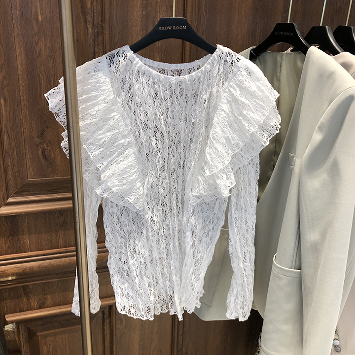 SR春夏2020新款荷叶边蕾丝衫外穿镂空长...