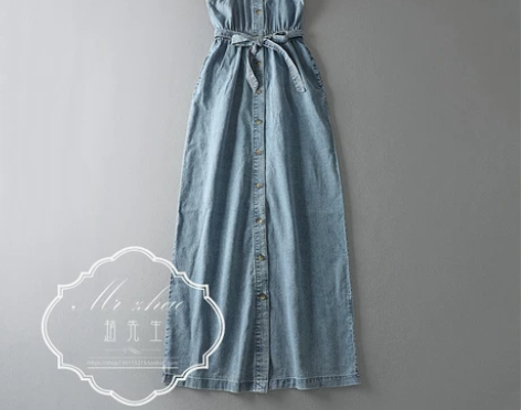 H0518-09休闲感牛仔吊带裙系带松紧收...