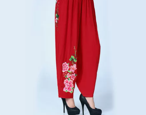 长裤休闲裤棉麻灯笼裤妈妈裤大码高腰绣花裤松...