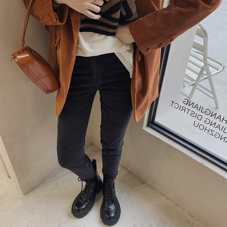三吉黑花 黑色加绒小脚牛仔裤女2020冬韩...