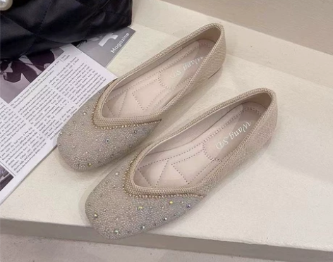 方头小香风水钻珍珠平底鞋2022新款浅口套...