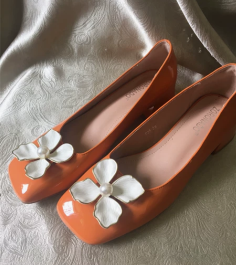 38码#法式方头单鞋春秋款浅口珍珠花朵百搭...