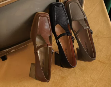 丁字带玛丽珍文艺复古英伦方头软羊皮单鞋女…...