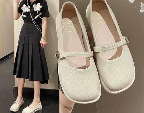玛丽珍低跟浅口单鞋气质法式平底学生小皮鞋，...