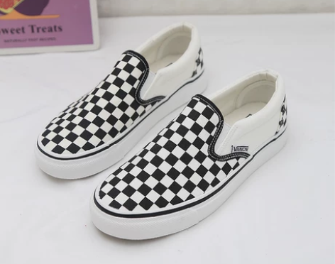 wanshi万斯一脚蹬棋盘格帆布鞋男大码黑...