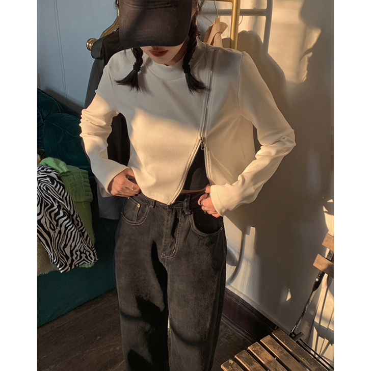 A7seven短款T恤女长袖秋季半高领不规...