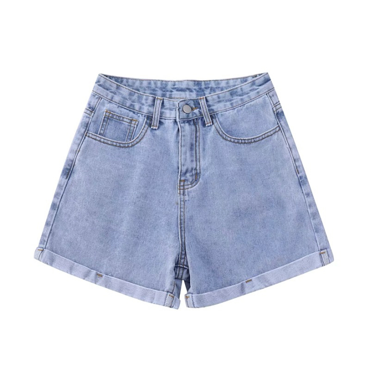 浅蓝色牛仔短裤女翻边2021年新款高腰直筒...